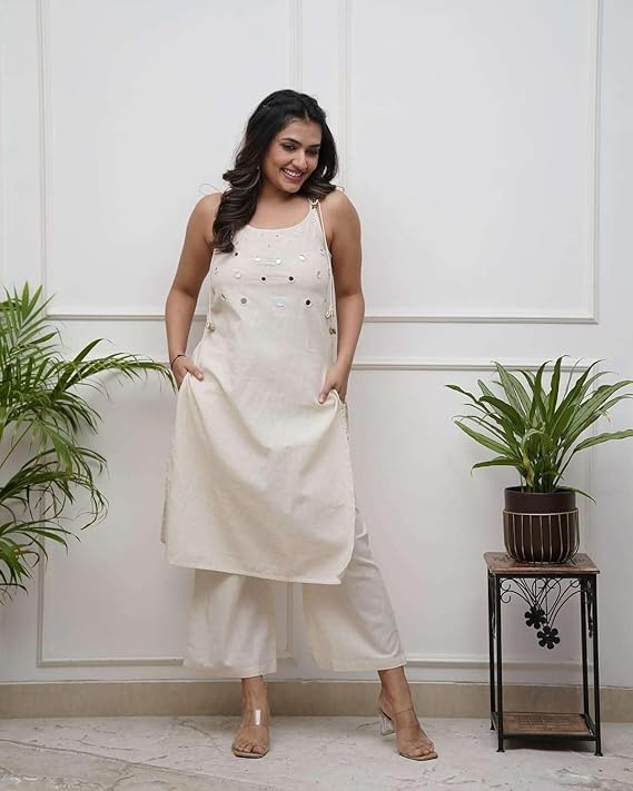 Women's Cotton Embroidery Sleeveless Kur...