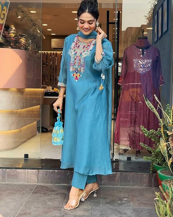 Women's Cotton Mirror Work Embroidered S...
