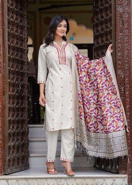 Women's Cotton Embroidered Straight Kurt...