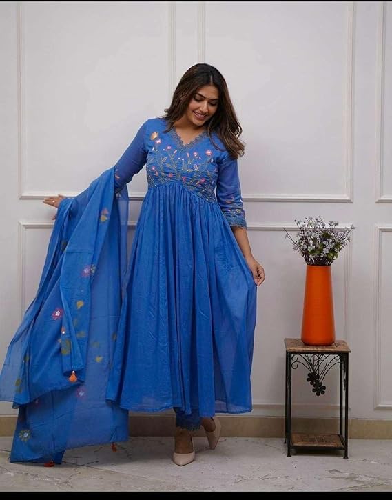 Women's Cotton Embroidered Long Anarkali...