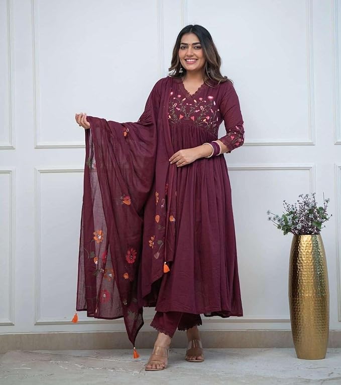 Women's Cotton Embroidered Long Anarkali...