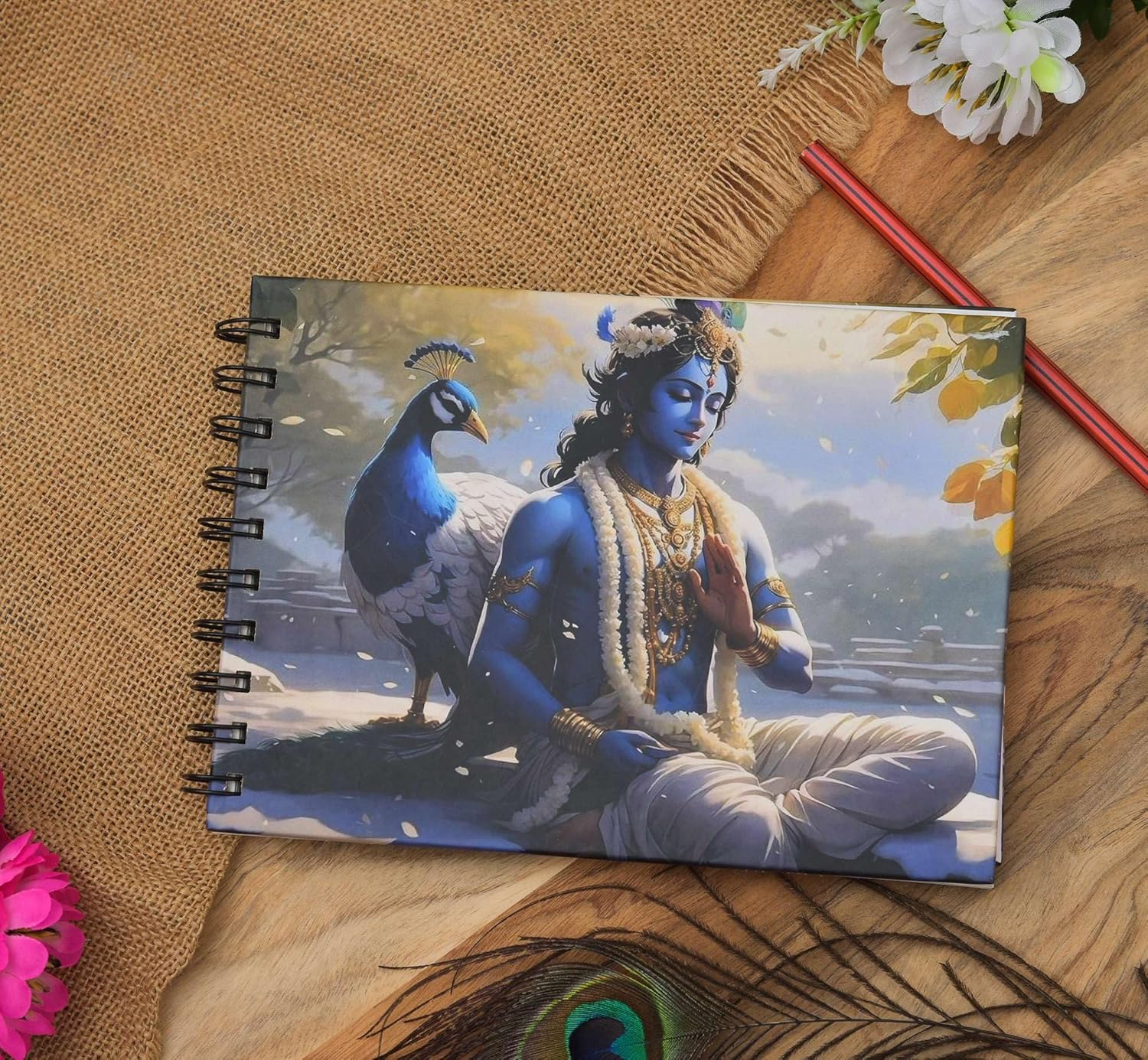 Handmade Classic Krishna & Peacock Print...
