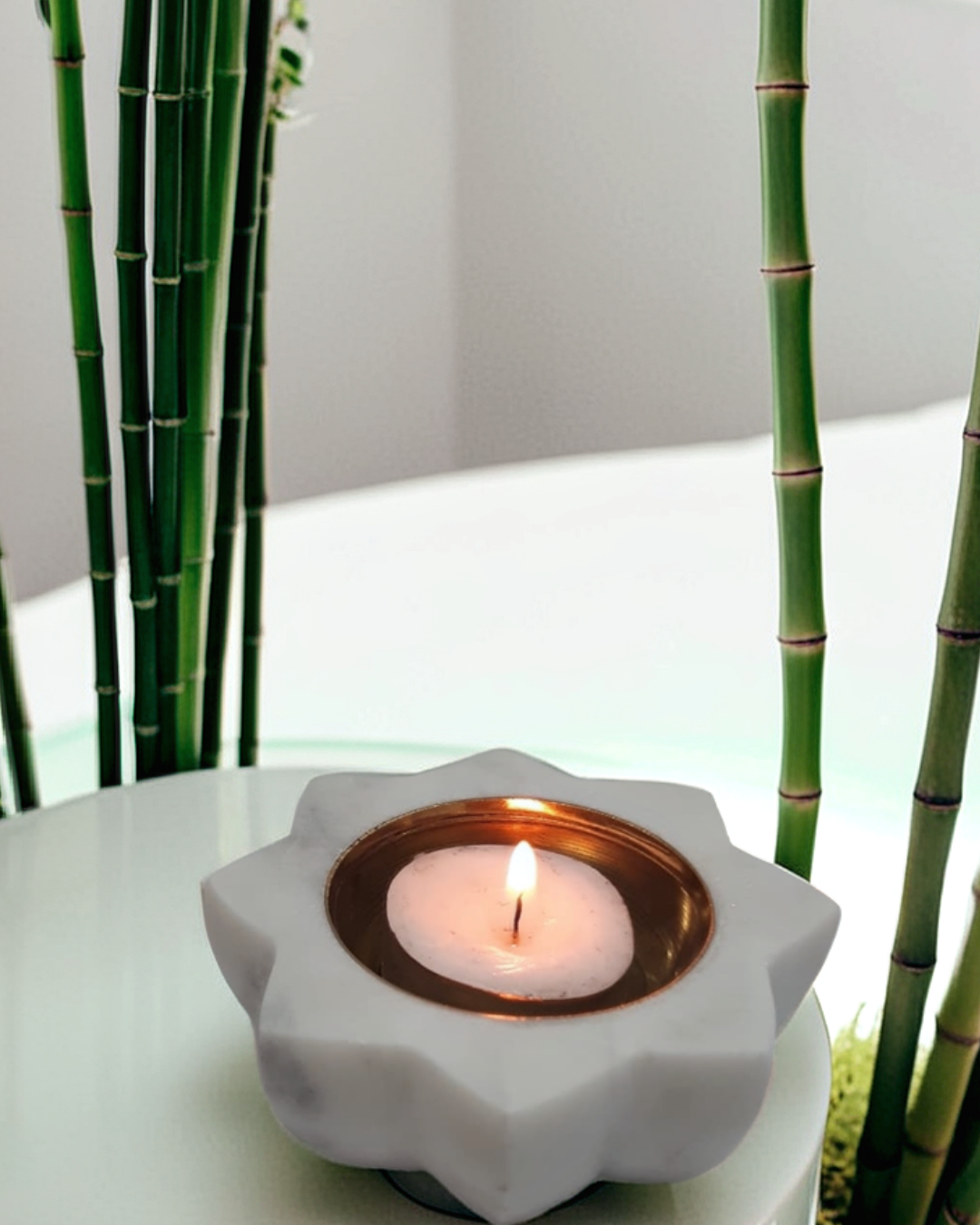 White Marble Diya With Fitted Brass Bowl