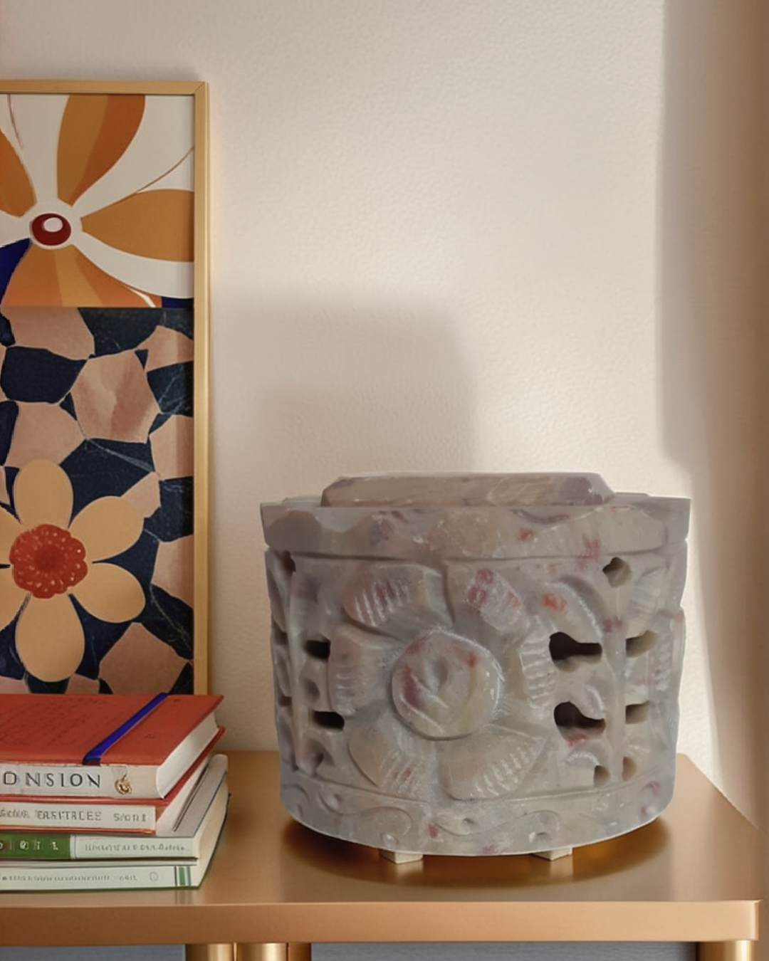 Floral Motif Round Soapstone Marble Cand...
