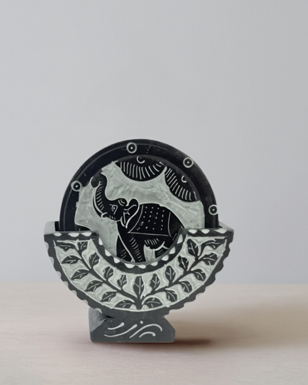 Black Round Elephant Engraved Marble Coa...