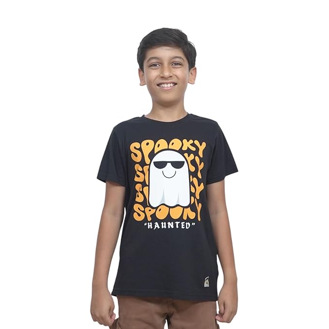 Unisex Kids T-Shirt – Spooky Haunted Digital Print, Black, Cotton-Modal Blend, Softer & More Breathable Than 100% Cotton, Boys & Girls Casual Wear