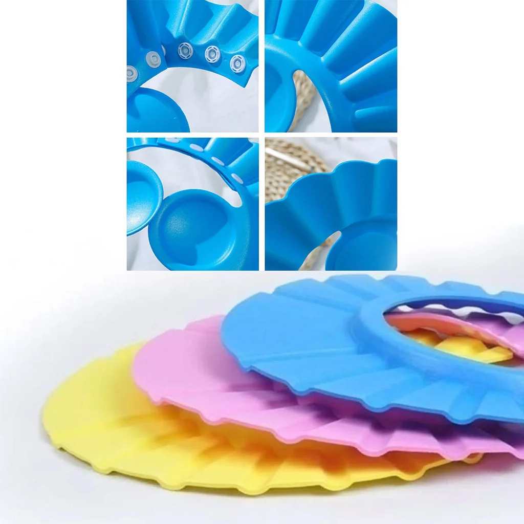 Soft adjustable baby shower cap protects eyes and ears safely