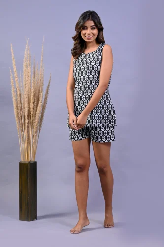 Black Ladies Printed Top with shorts