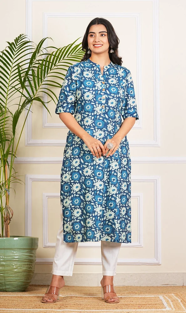 Blue Floral Katha Printed Cotton Kurti