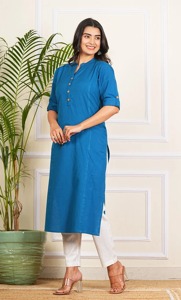 Ladies Blue Cotton Long Kurti
