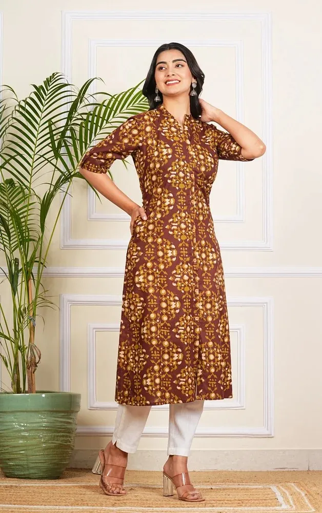 Dark Brown Cotton Long Kurti