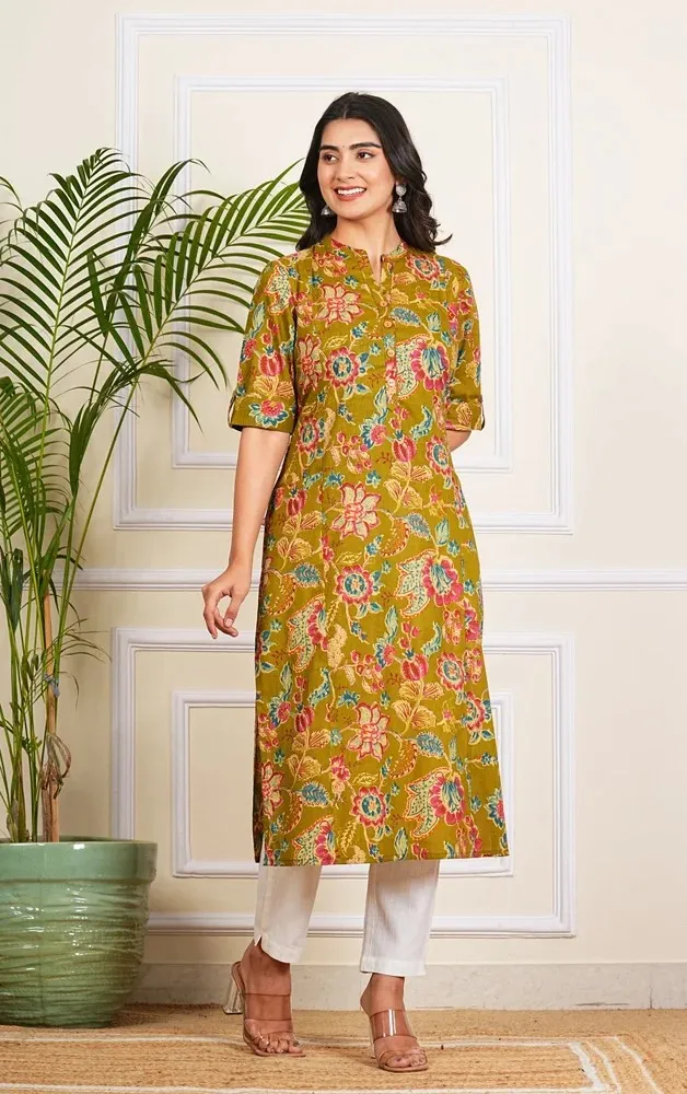 Mehendi Green Cotton Long Kurti