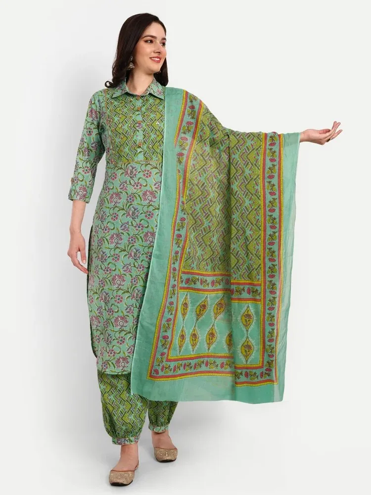 Green Kurti Afghani Pant Set with Dupatt...