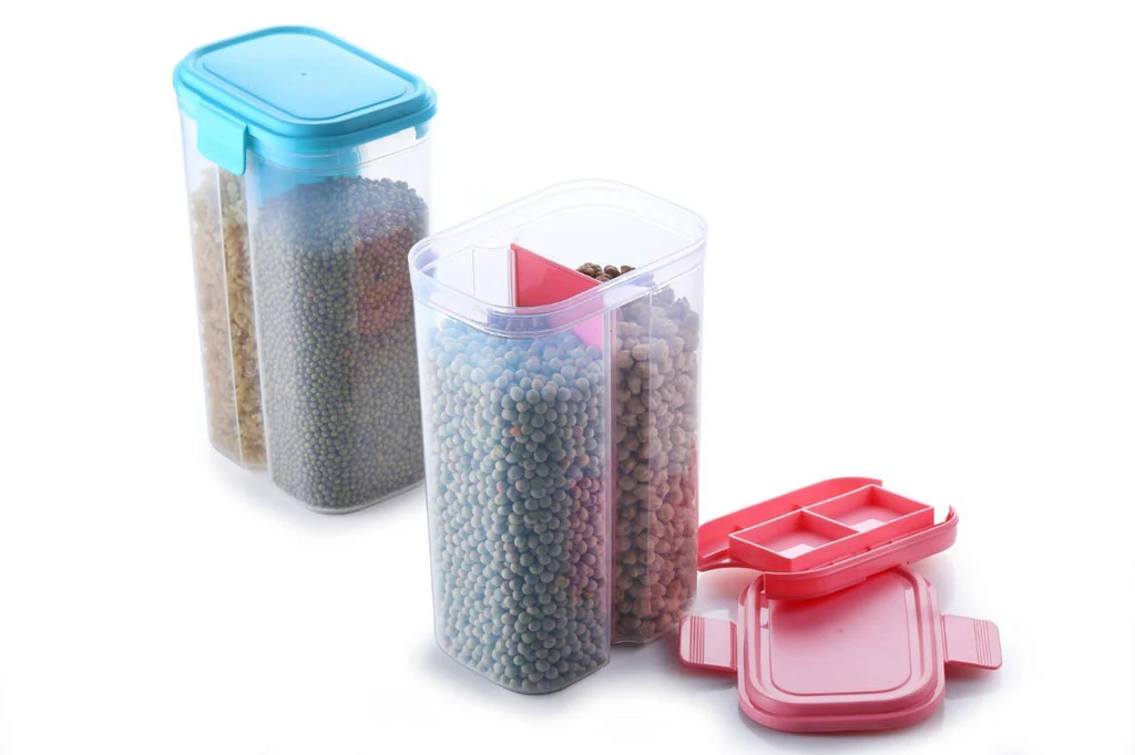 Plastic 2 Sections Air Tight Transparent Food Grain Cereal Storage Container (
