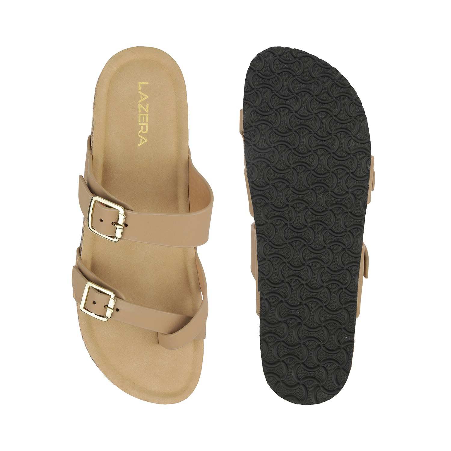 Women’s Double-Strap Cork Slides | Adjustable Buckle Toe-Loop Flats