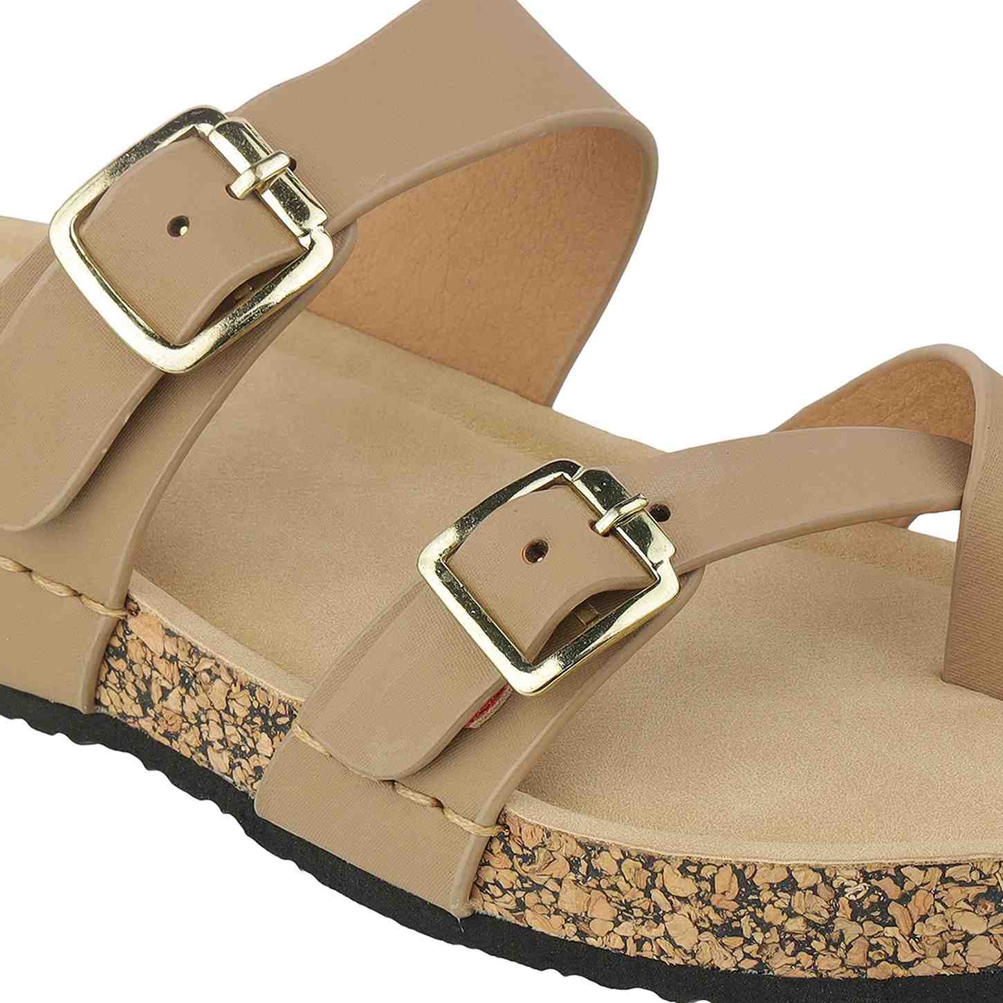 Women’s Double-Strap Cork Slides | Adjustable Buckle Toe-Loop Flats
