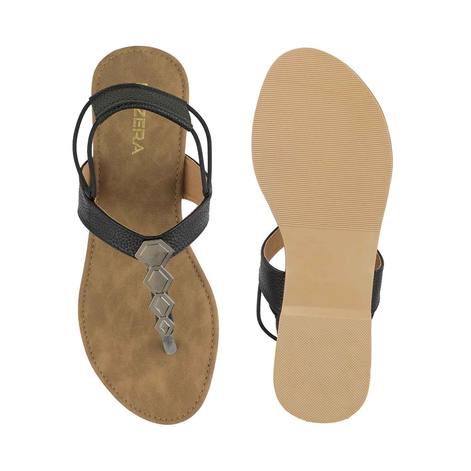 Women’s Toe-Ring Flats | Back Strap T-Strap with Silver Hexagon Detail | Casual/Ethnic