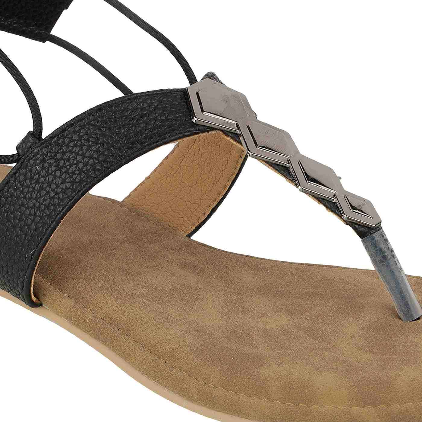 Women’s Toe-Ring Flats | Back Strap T-Strap with Silver Hexagon Detail | Casual/Ethnic