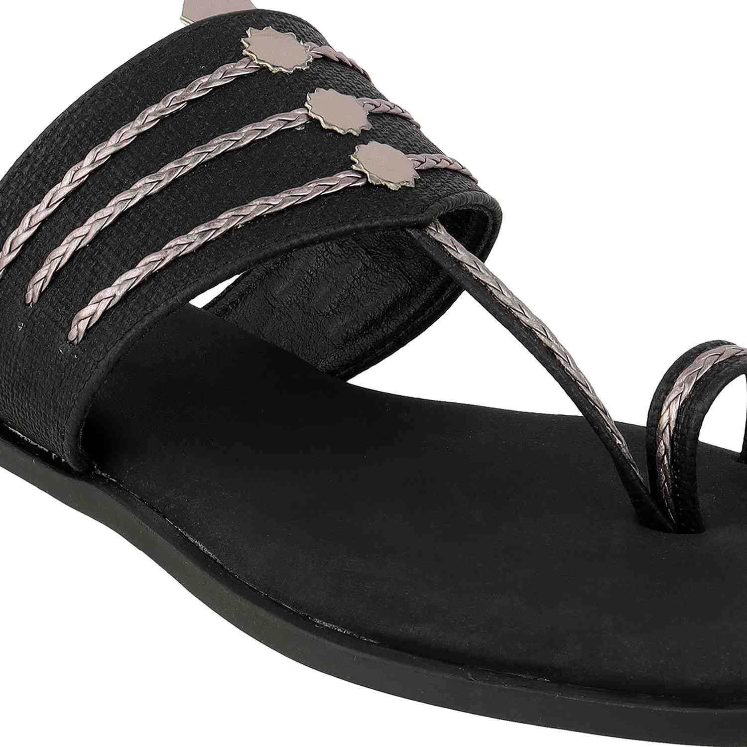 Women’s Indo-Western Kolhapuri Toe-Ring Flats | Braided & Shimmer Straps