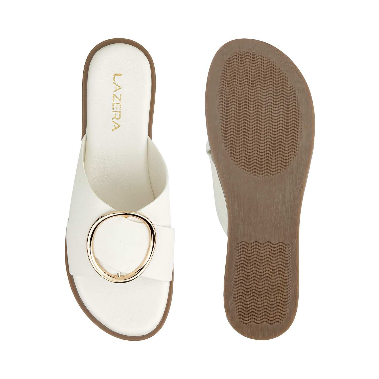 Women’s Soft Flat Sandals | Slip-On Mules with Broad Cross Strap & Gold Buckle