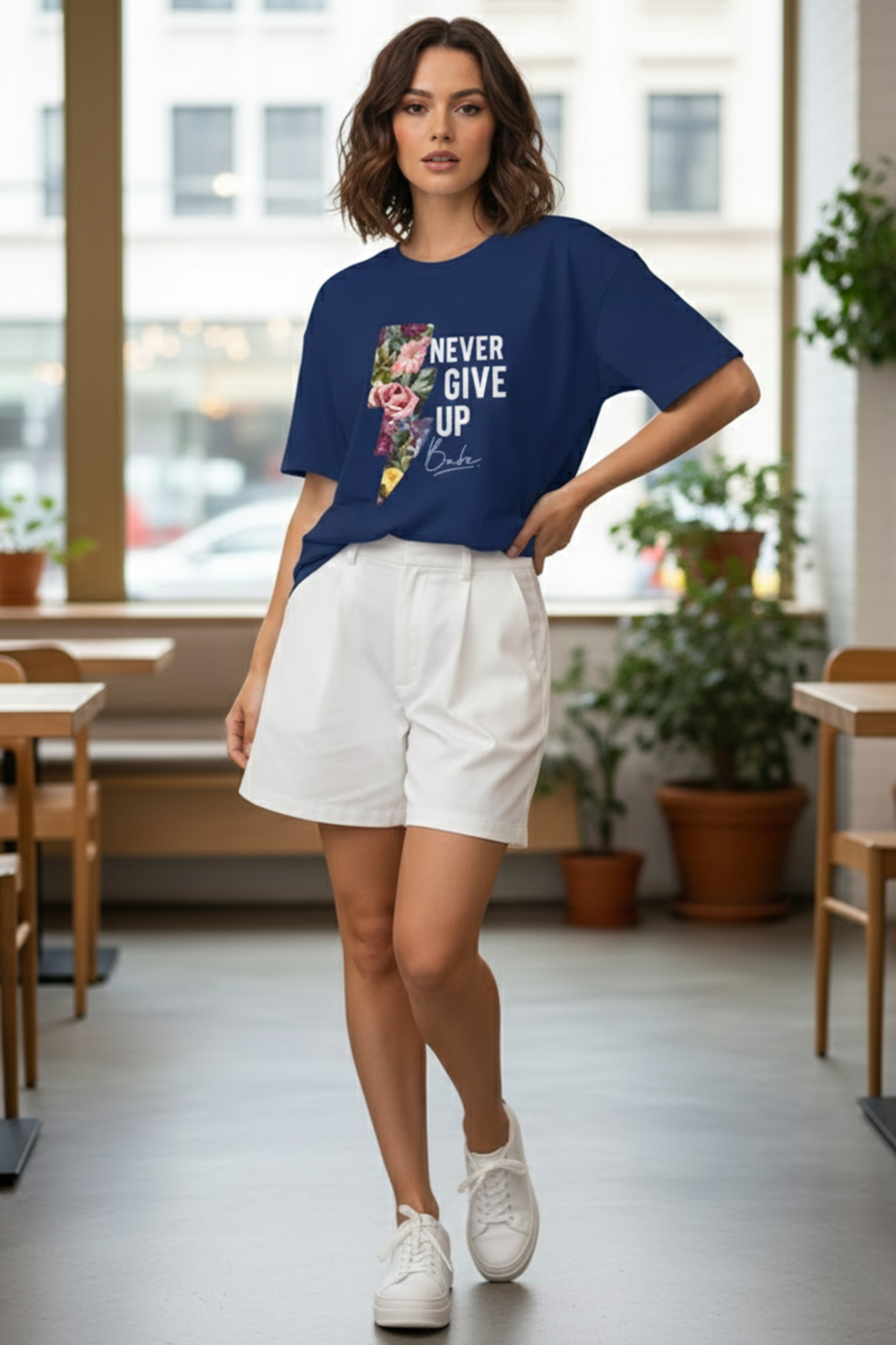 NEVER GIVE UP GRAPHIC PRINTED OVERSIZED T-SHIRT