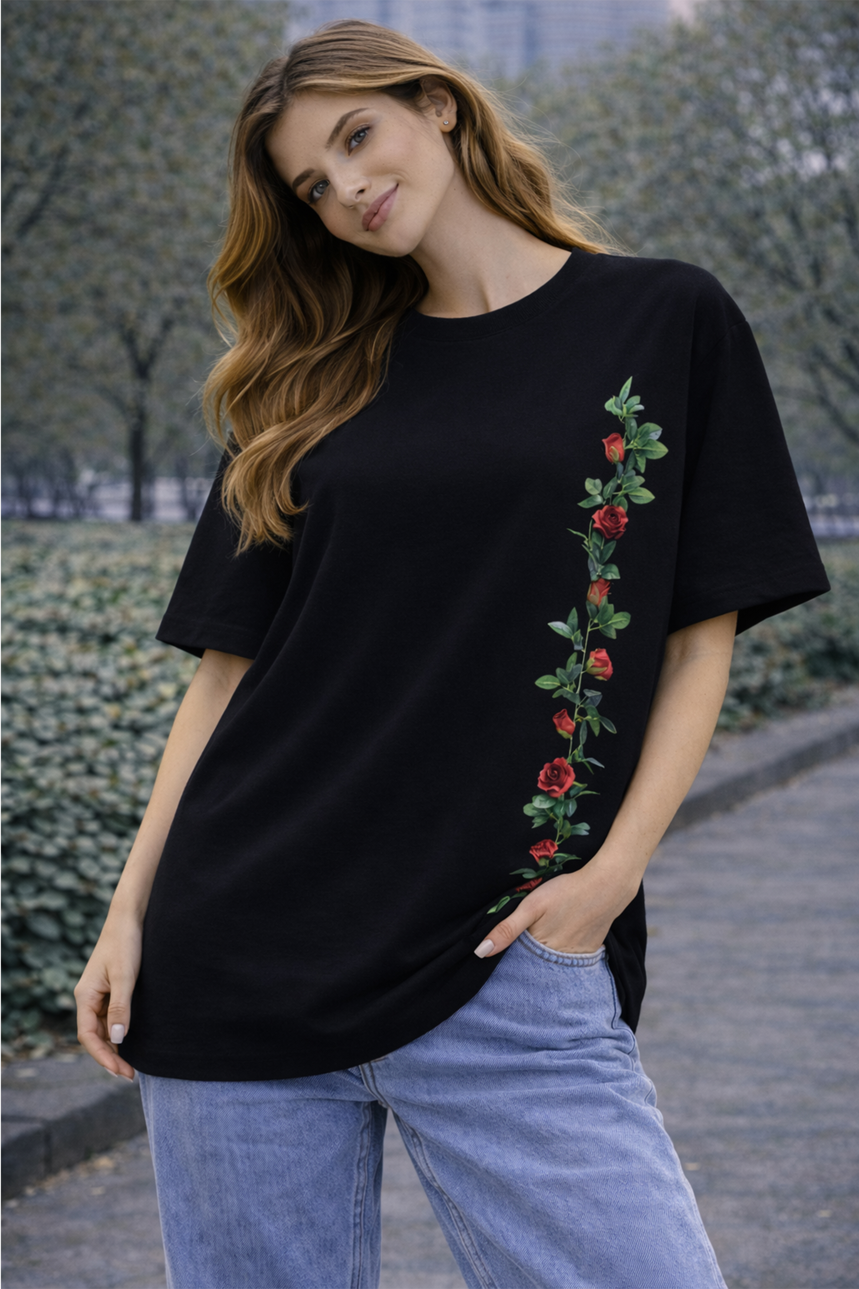 FLOWER GRAPHIC PRINTED OVERSIZED T-SHIRT