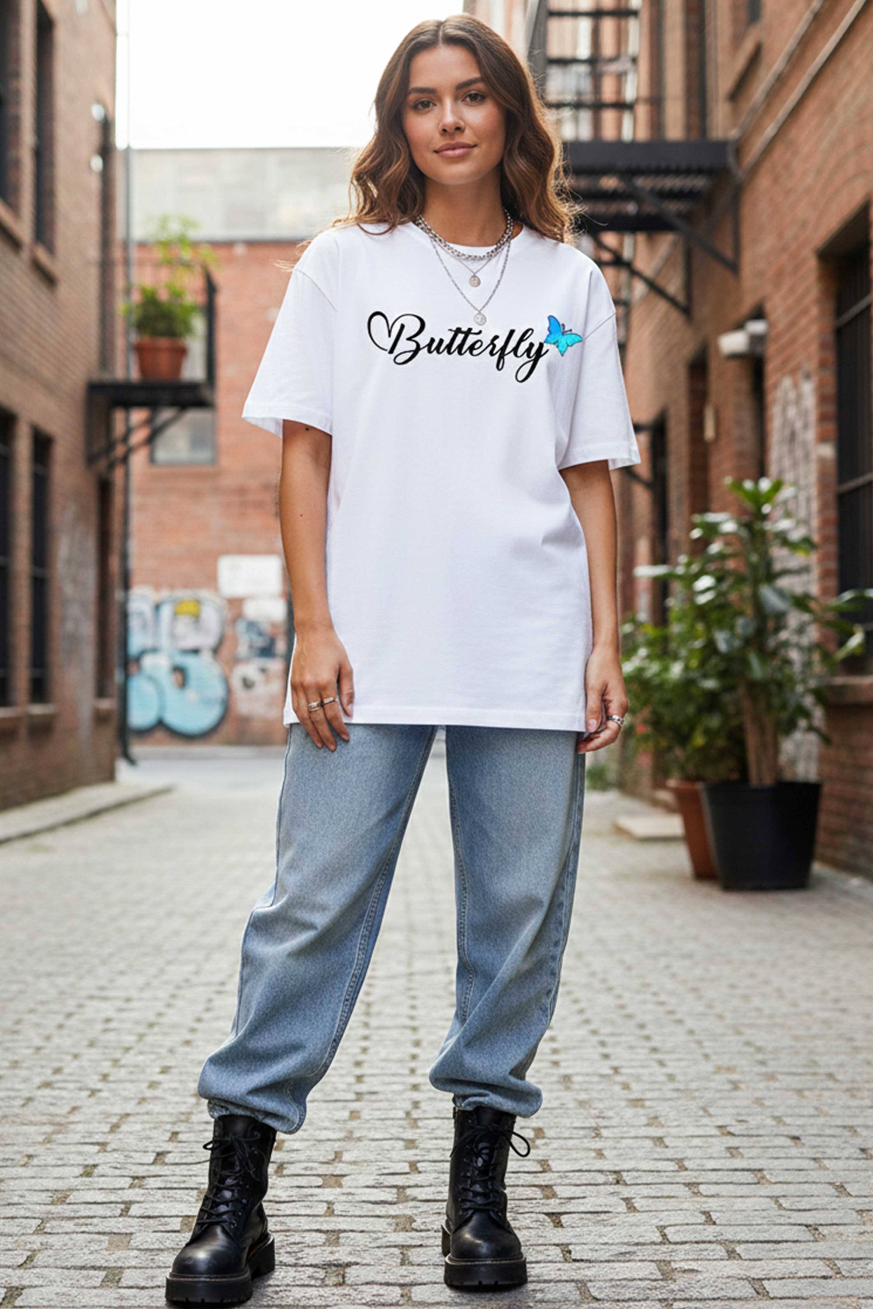 BUTTERFLY PRINTED OVERSIZED T-SHIRT