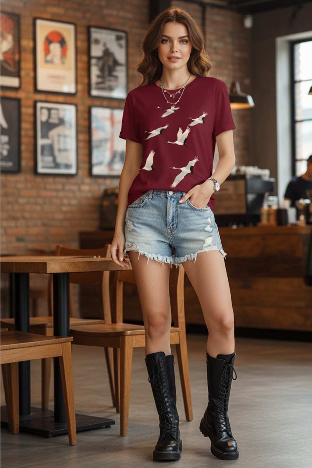 FLYING CRANES GRAPHIC PRINT TEE