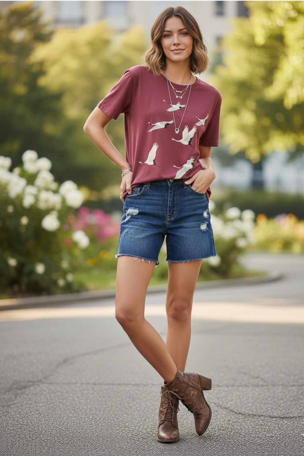 FLYING CRANES GRAPHIC PRINT TEE