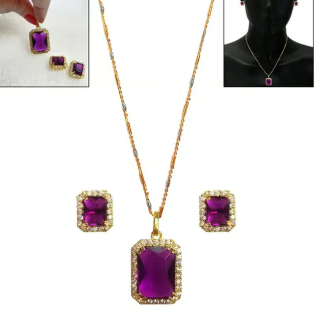 Stone Pendant Necklace Chain Set with Matching Earrings