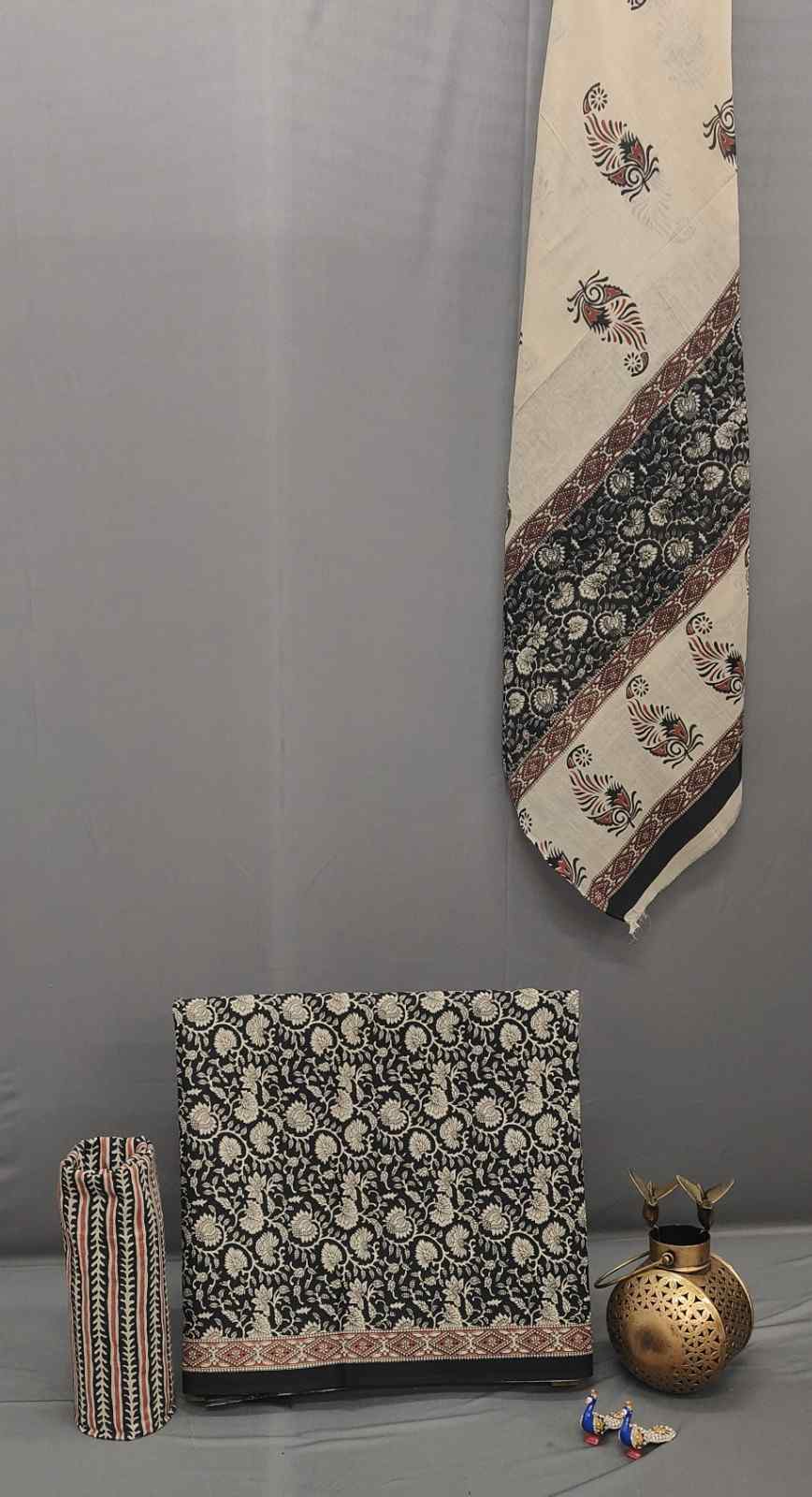 Black & Beige Hand Block Print Unstitched Suit Set- Winnxi