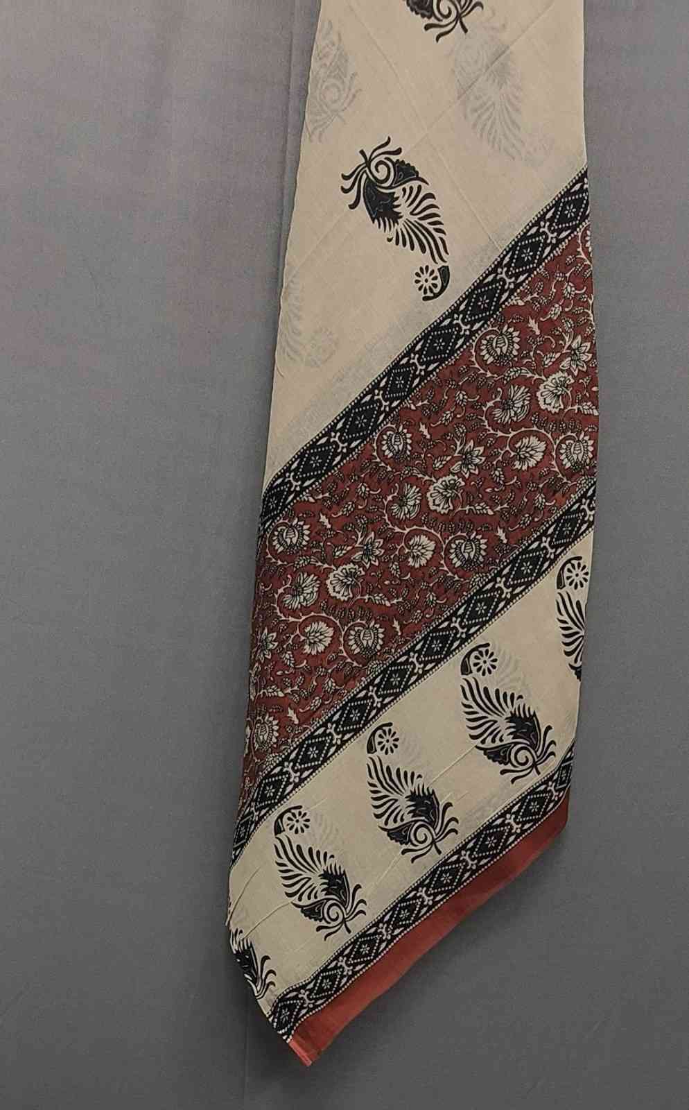 Red Floral Block Print Unstitched Cotton Suit Set- Winnxi