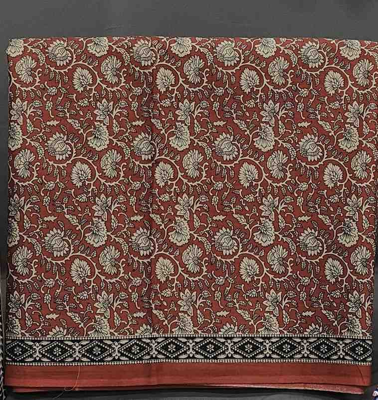 Red Floral Block Print Unstitched Cotton Suit Set- Winnxi