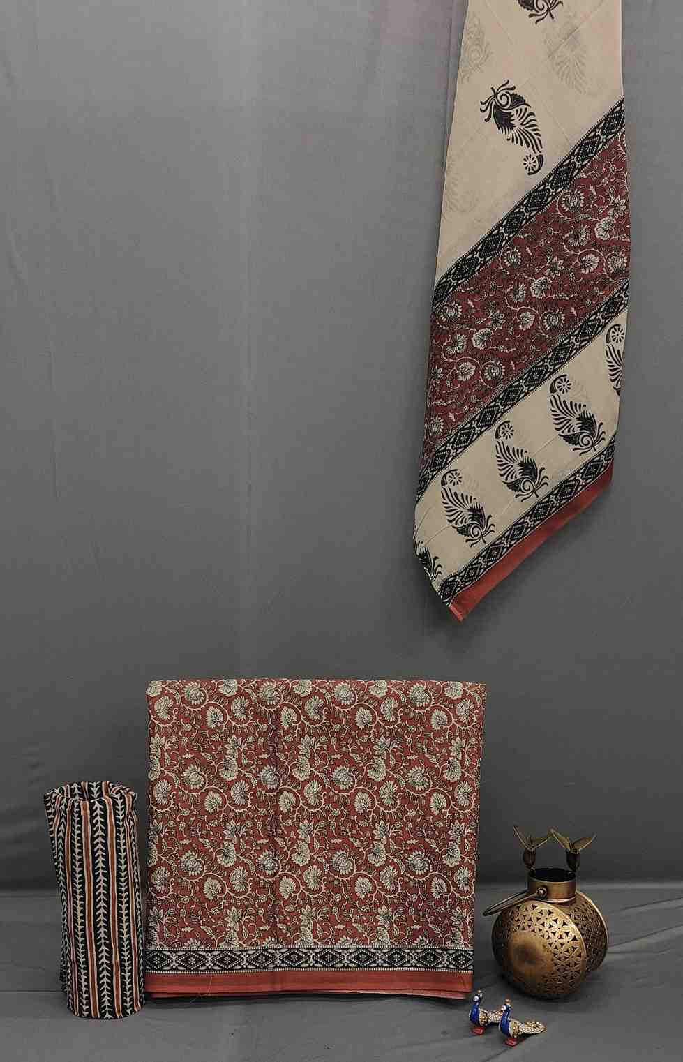 Red Floral Block Print Unstitched Cotton Suit Set- Winnxi