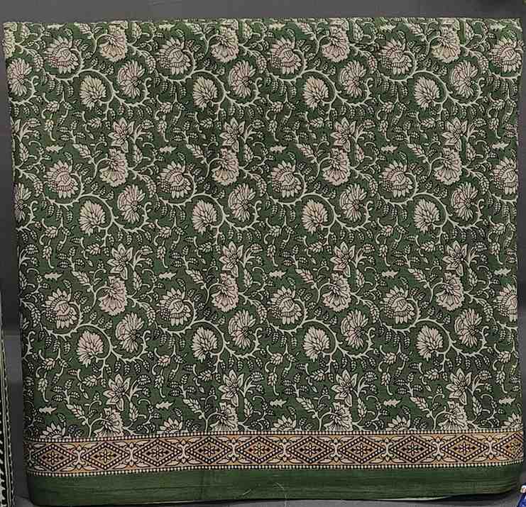 Green Hand Block Print Unstitched Pure Cotton Suit Set- Winnxi