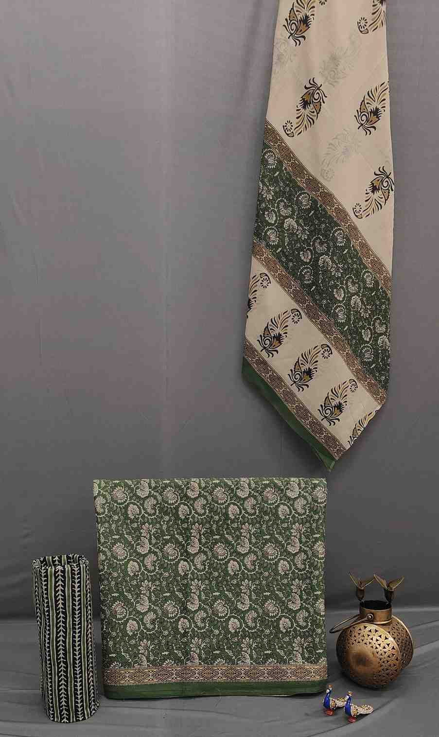 Green Hand Block Print Unstitched Pure Cotton Suit Set- Winnxi