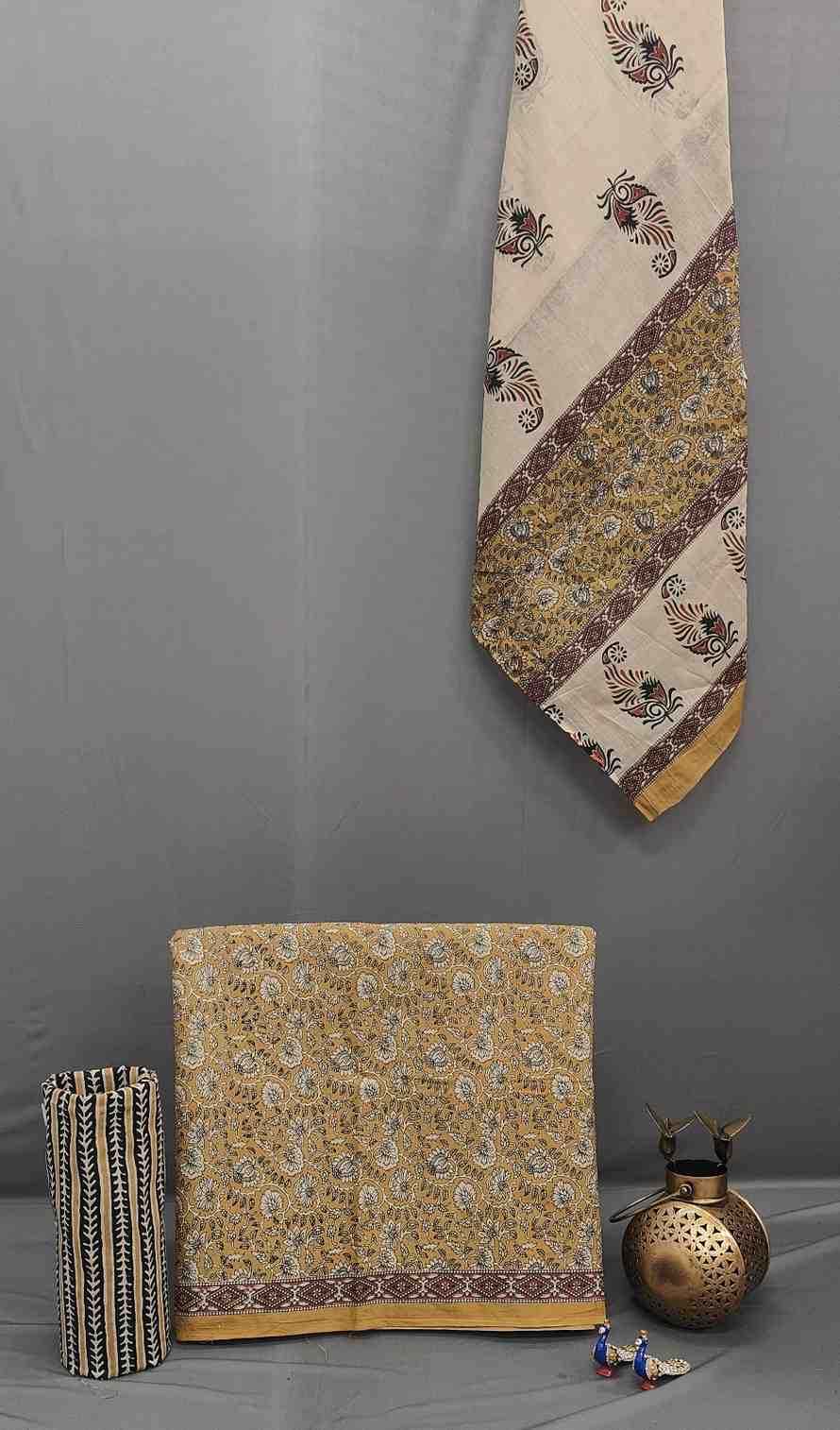 Mustard Yellow Block Print Unstitched Co...