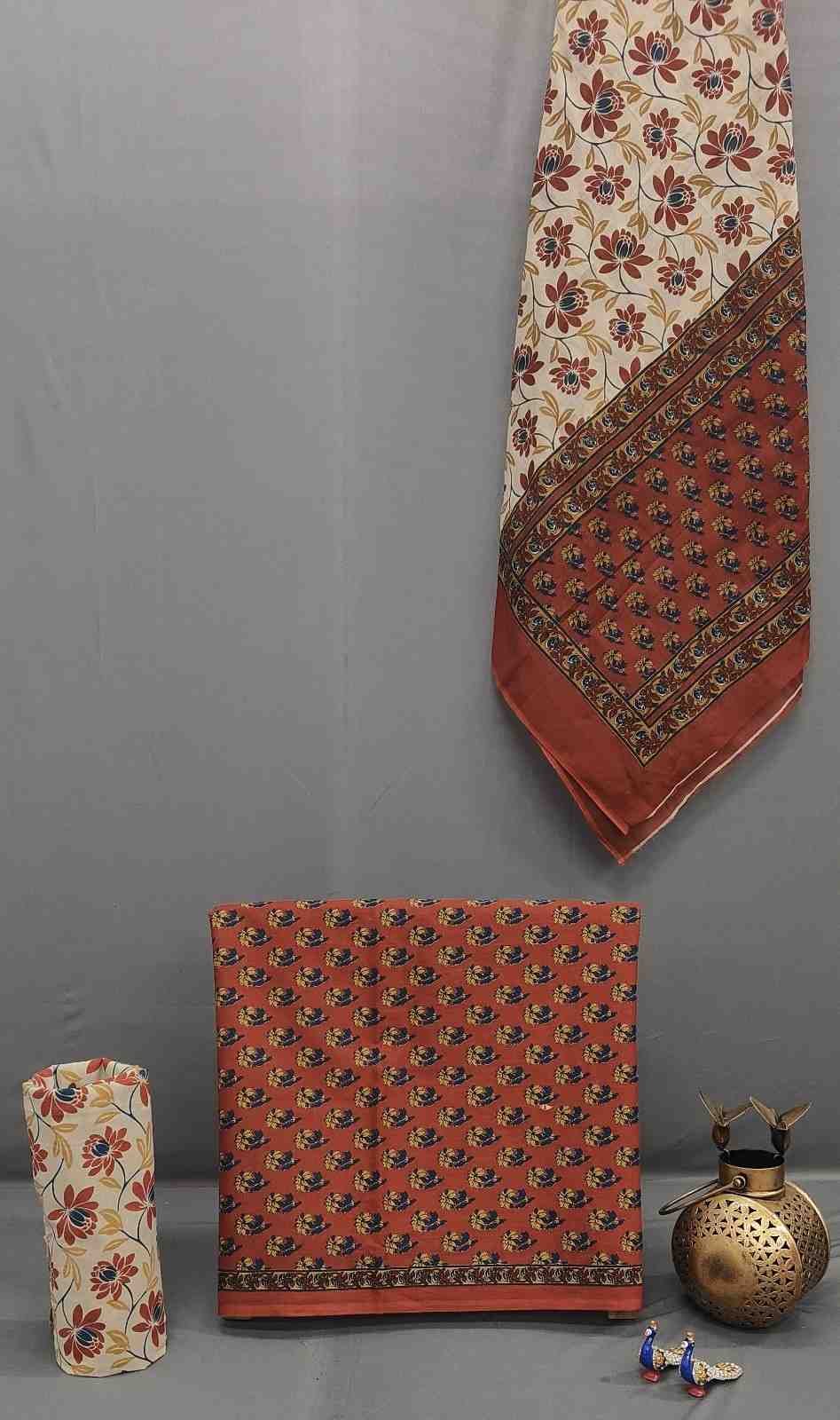 Rust Orange Cotton Block Print Unstitche...