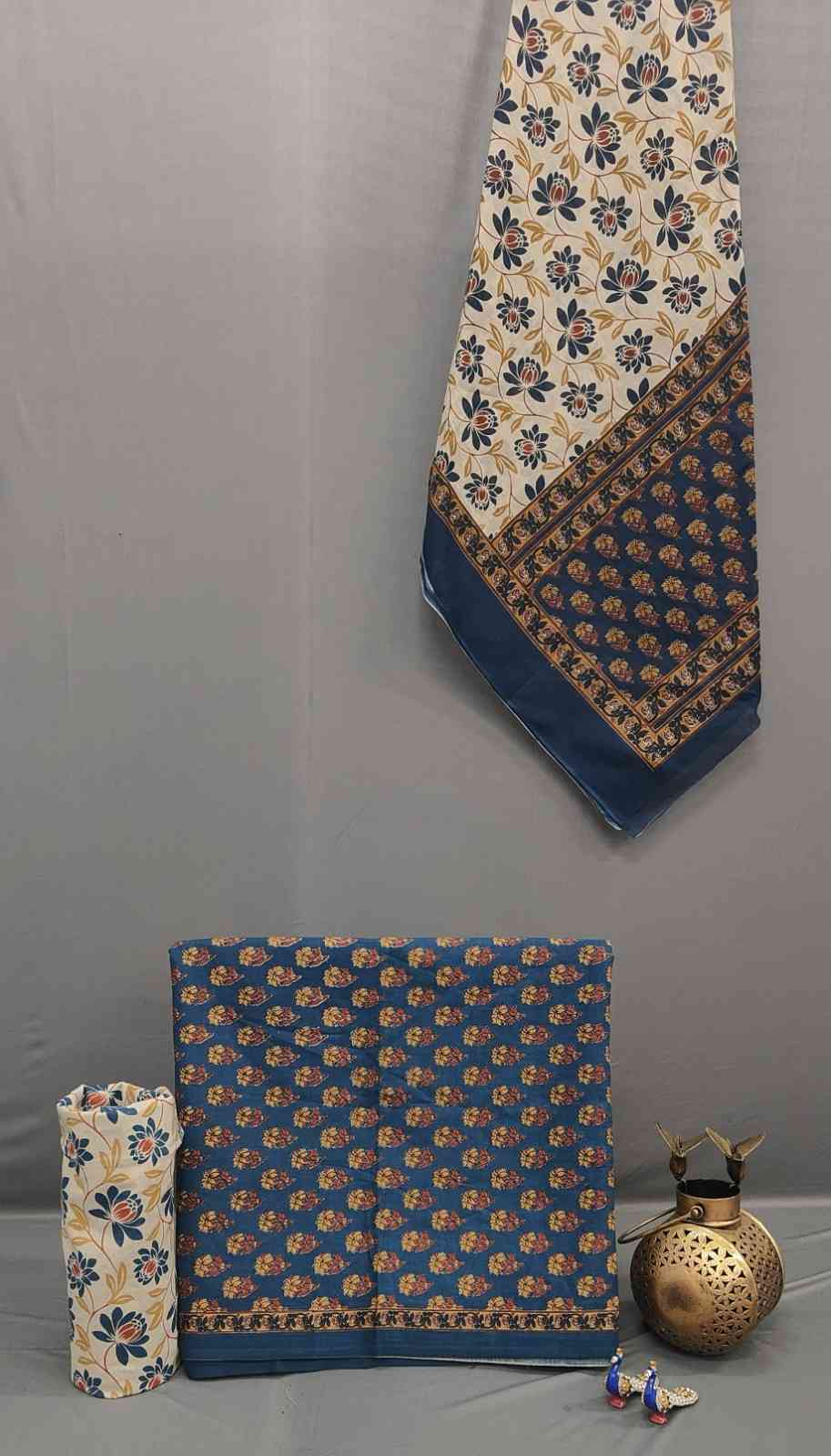 Royal Blue Block Print Cotton Unstitched...