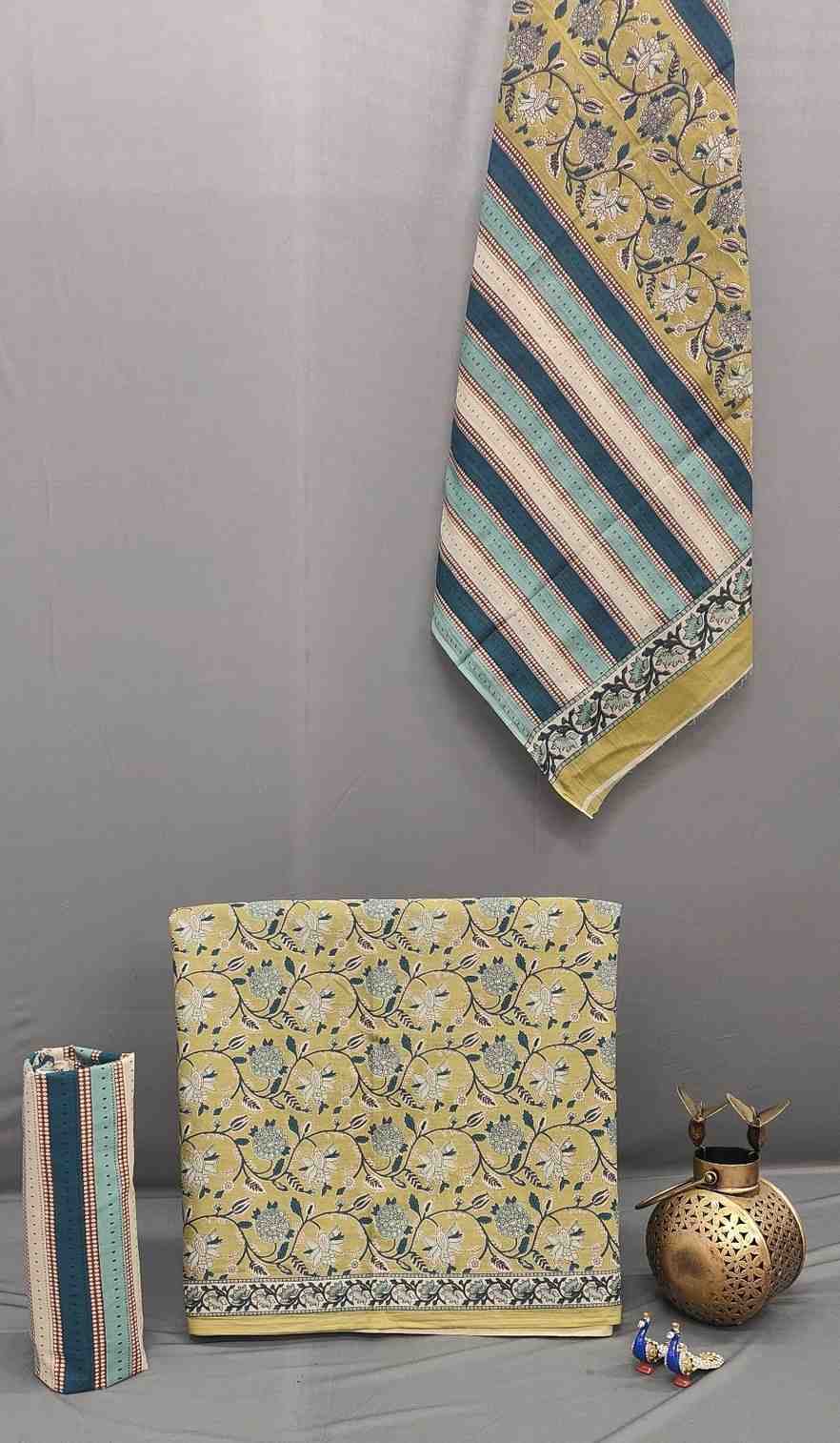 Lemon Yellow Cotton Printed Unstitched Dress Material