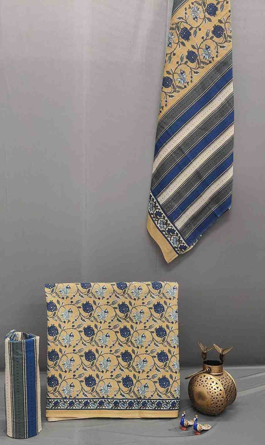 Beige Indigo Block Print Cotton Suit Set Unstitched