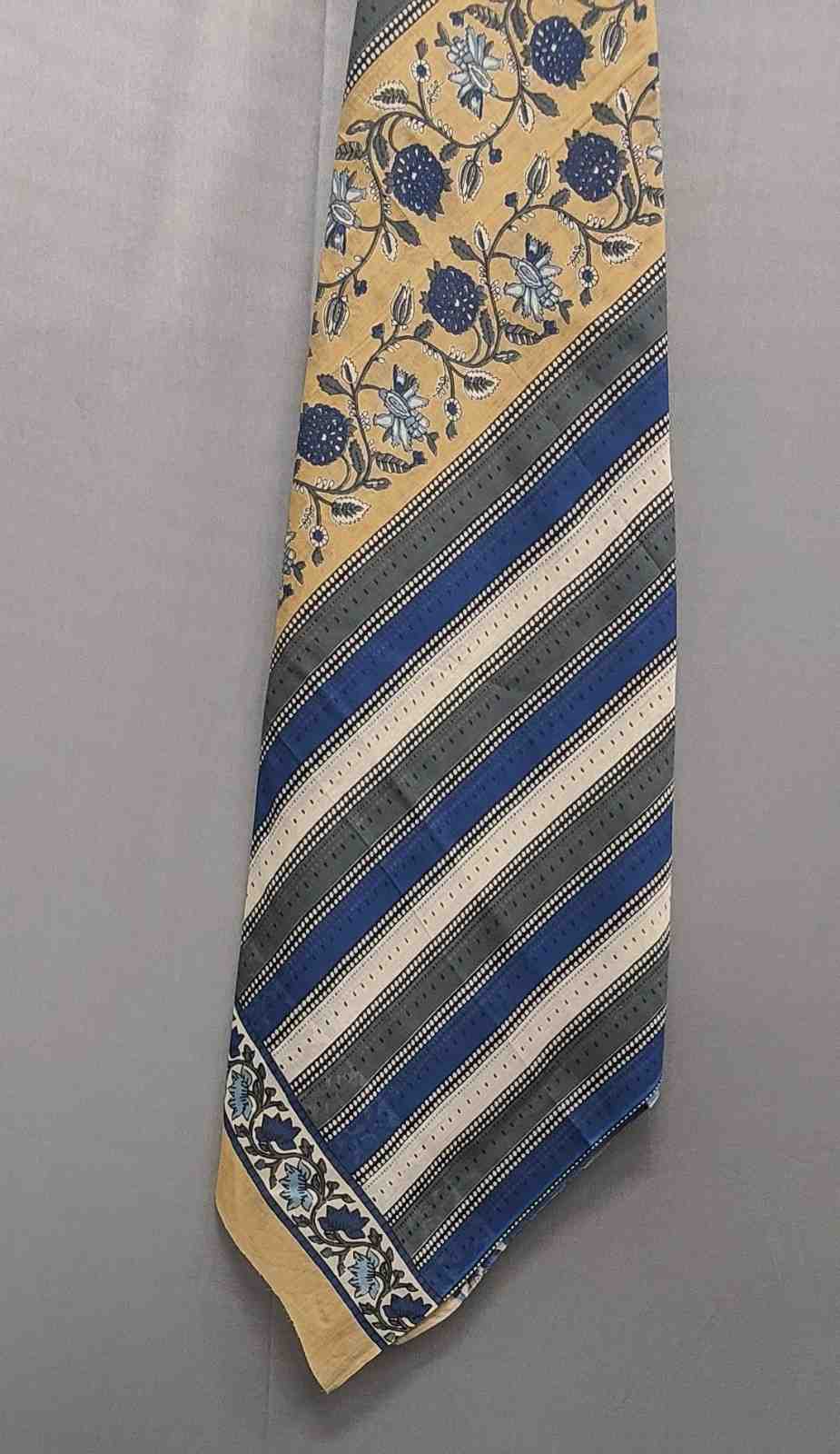 Beige Indigo Block Print Cotton Suit Set Unstitched