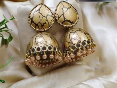 Antique Gold Crackle Finish Jhumka Earrings with Pearl Drops
