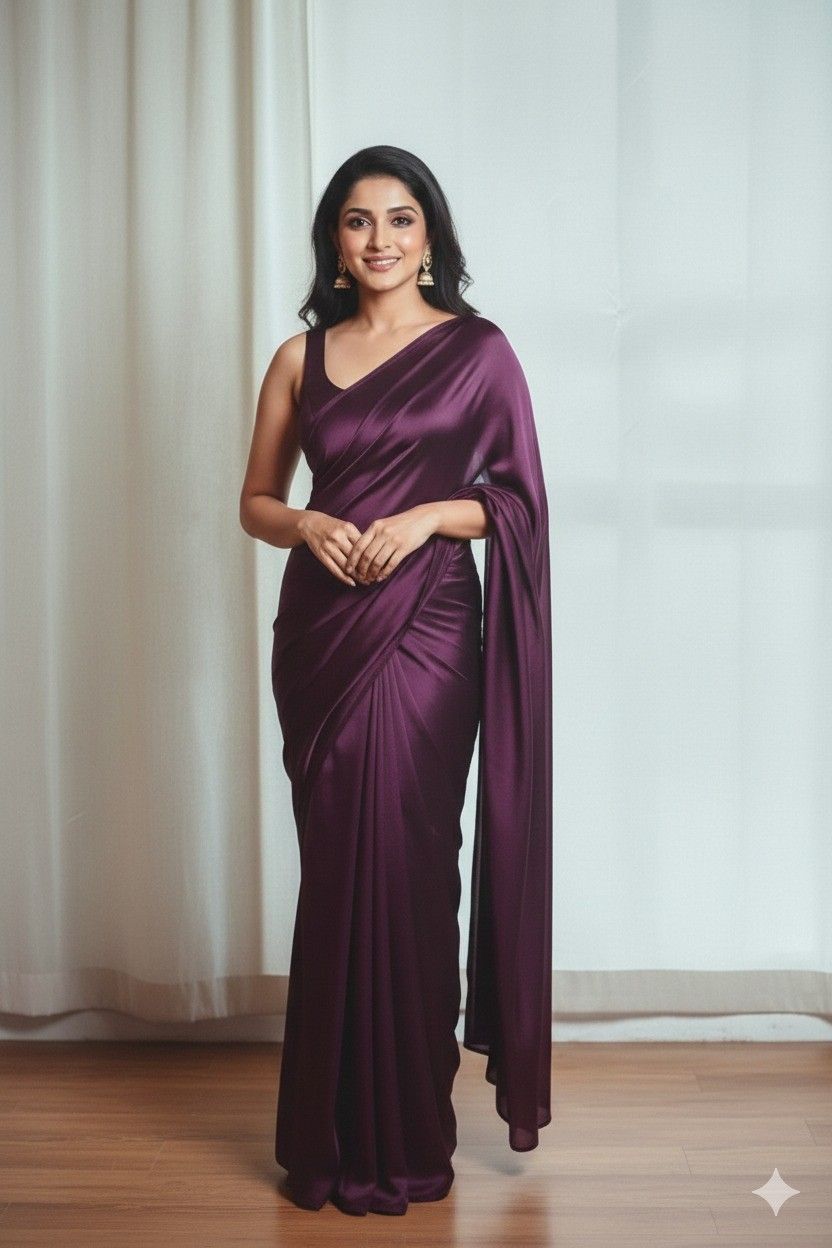 Pure Plain Satin Silk Saree with Matchin...