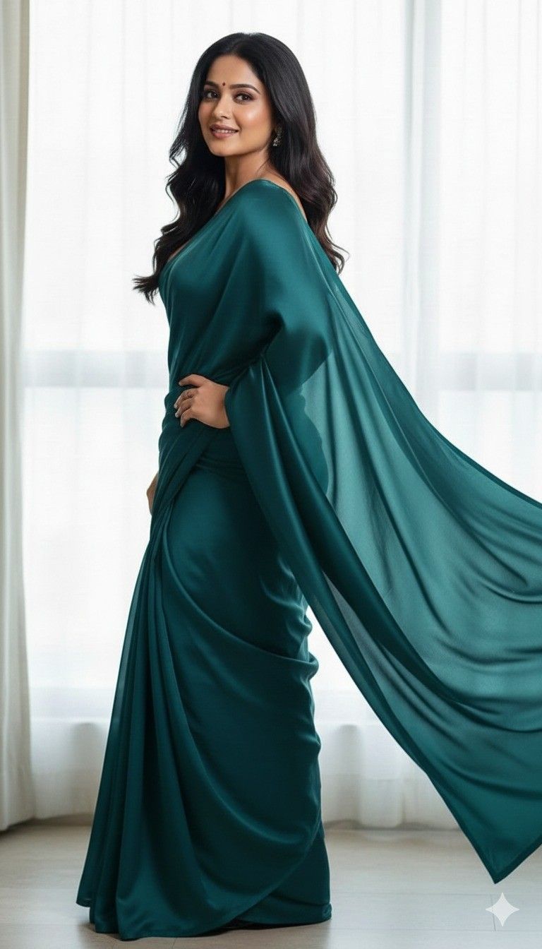 Pure Plain Satin Silk Saree with Matching Blouse Piece